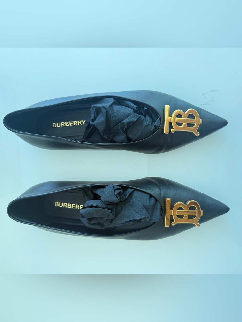 Like NEW Burberry Black Leather Pointed Flats Gold Monogram w/ BOX and Dust bag